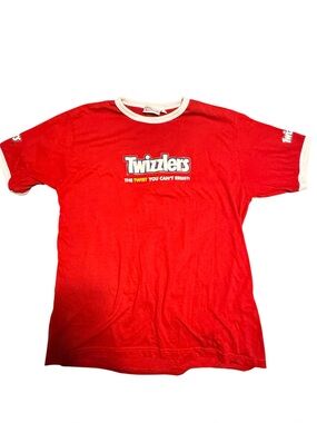 Twizzlers T Shirt Men's L Red Graphic Logo Short Sleeve Ringer Crew Neck Tee